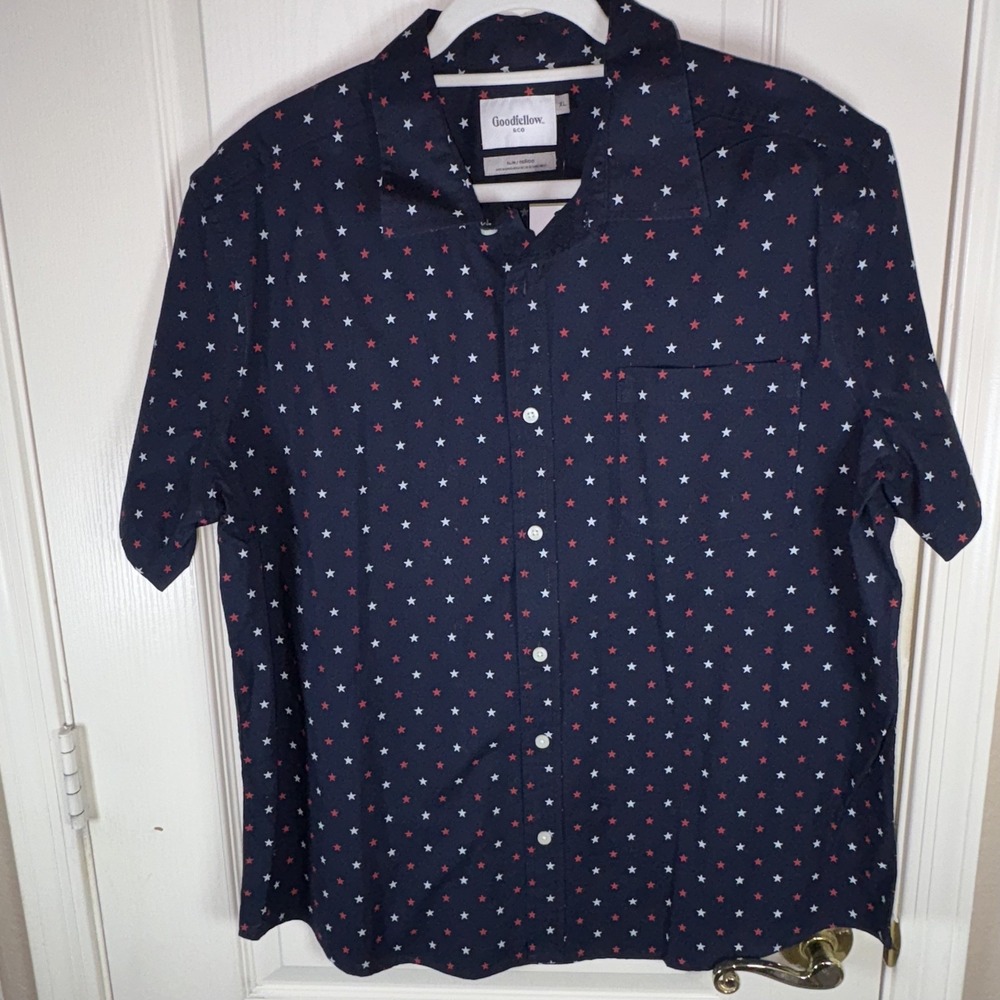 Goodfellow Men's Slim Fit Button Down Shirt Navy Red & White Stars XL